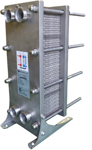 Geschraubter Plattenw�rmetauscher mit Edelstahlgestell und Milchrohrverschraubung